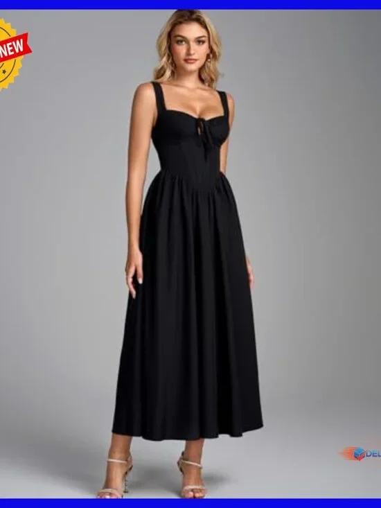 Corset Midi Dress Lace Up Back A-Line Flowy Formal Wedding Guest Sundress - Picture 2 of 6